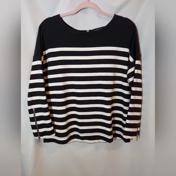 J. Crew Striped Long Sleeve Top in Black and White With Zipper Details - Picture 1 of 7